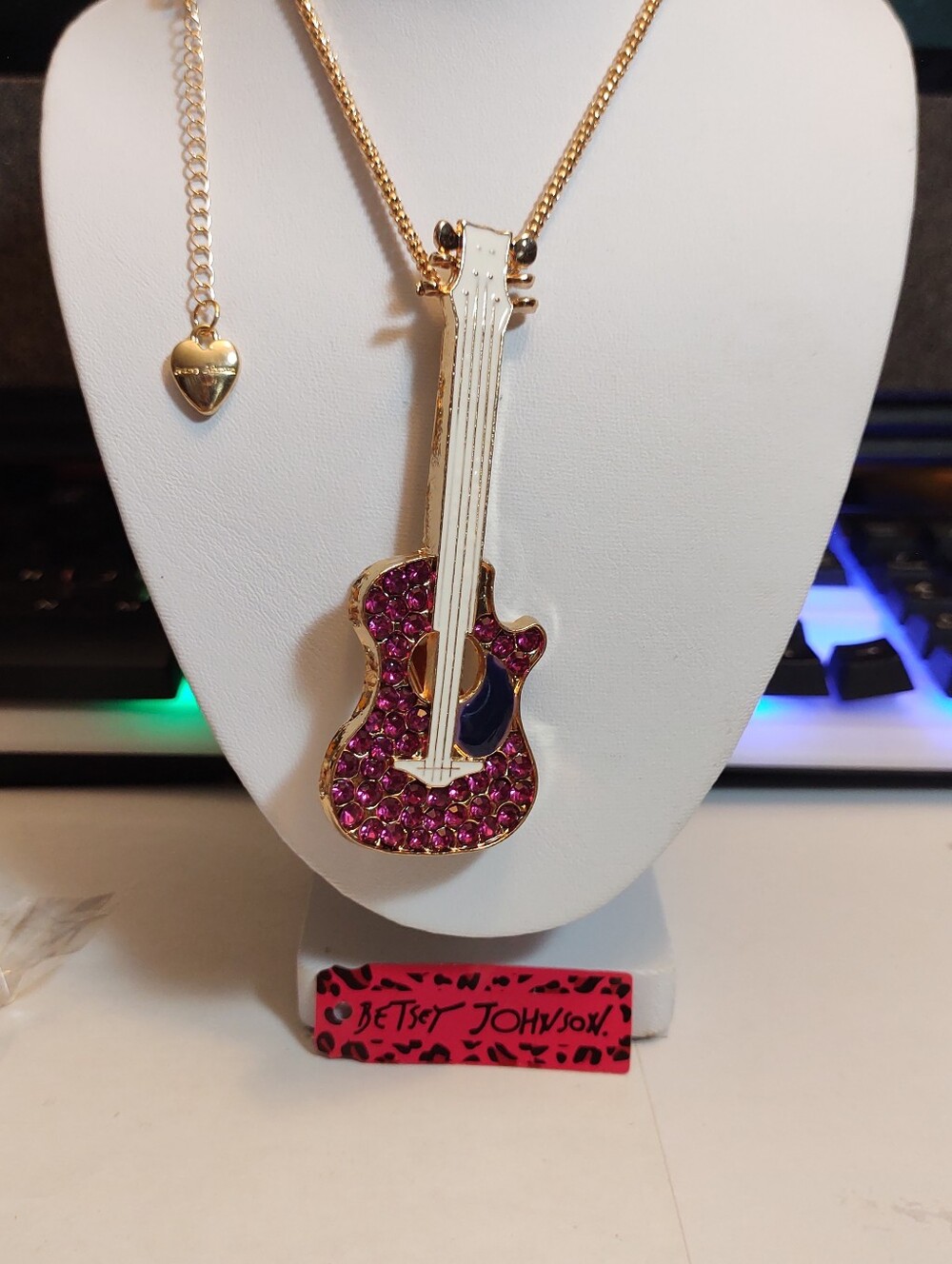 CONVERTIBLE Betsey Johnson Hot Pink Rhinestone Guitar Necklace/Brooch